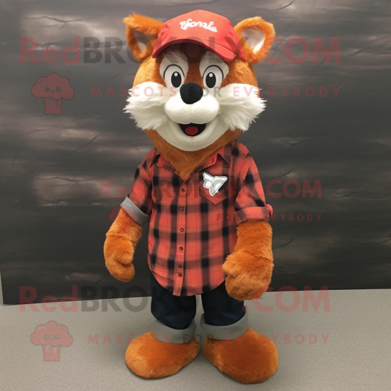 Red Fox mascot costume character dressed with a Flannel Shirt and Caps