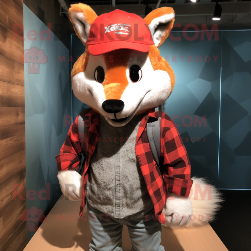Red Fox mascot costume character dressed with a Flannel Shirt and Caps Red Fox mascot costume character dressed with a Flannel Shirt and Caps