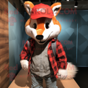 Red Fox mascot costume character dressed with a Flannel Shirt and Caps