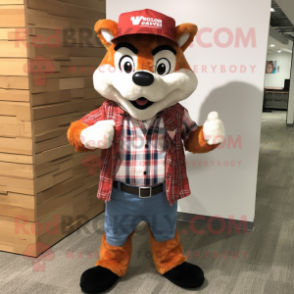 Red Fox mascot costume character dressed with a Flannel Shirt and Caps