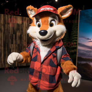 Red Fox mascot costume character dressed with a Flannel Shirt and Caps