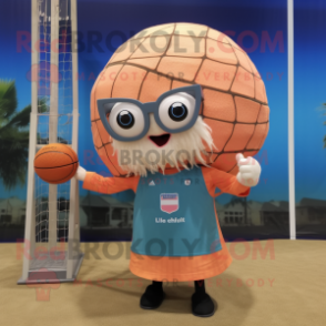 Peach Volleyball Net mascot costume character dressed with a Tank Top and Reading glasses