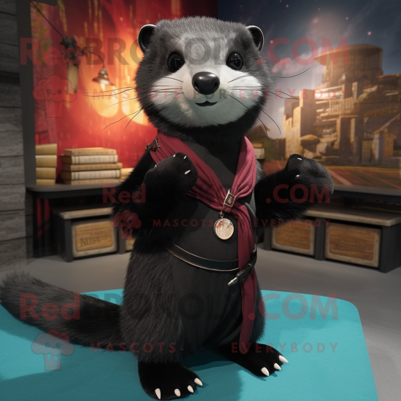 Black Ferret mascot costume character dressed with a V-Neck Tee and Shawl pins