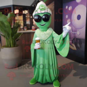 Green Clam Chowder mascot costume character dressed with a Evening Gown and Sunglasses