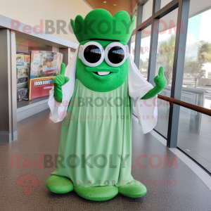 Green Clam Chowder mascot costume character dressed with a Evening Gown and Sunglasses