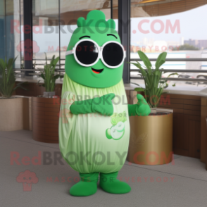 Green Clam Chowder mascot costume character dressed with a Evening Gown and Sunglasses