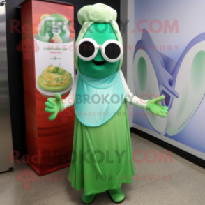 Green Clam Chowder mascot costume character dressed with a Evening Gown and Sunglasses