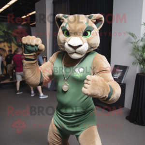 Green Mountain Lion mascot costume character dressed with a Tank Top and Bracelets