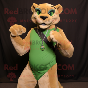 Green Mountain Lion mascot costume character dressed with a Tank Top and Bracelets