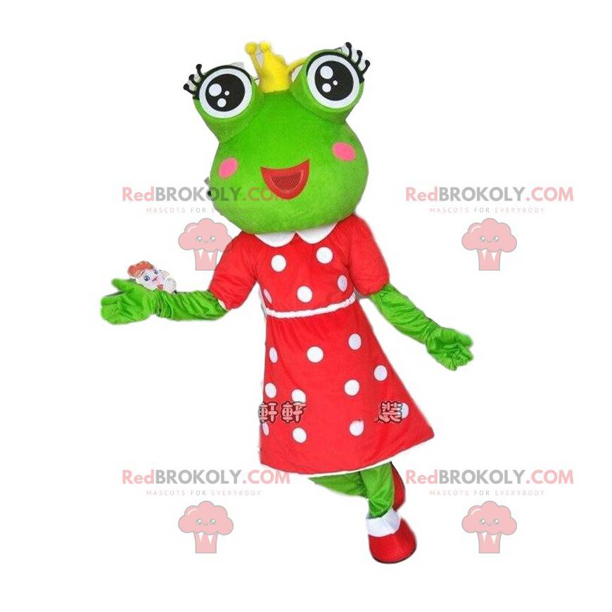 Mascota de la rana verde con una corona y un vestido de lunares