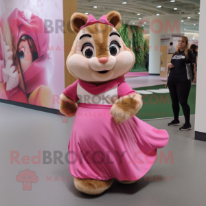 Pink Chipmunk mascot costume character dressed with a Maxi Skirt and Hairpins