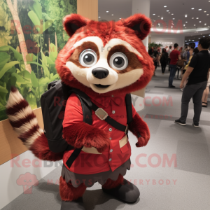 Red Raccoon mascot costume character dressed with a Leggings and Messenger bags