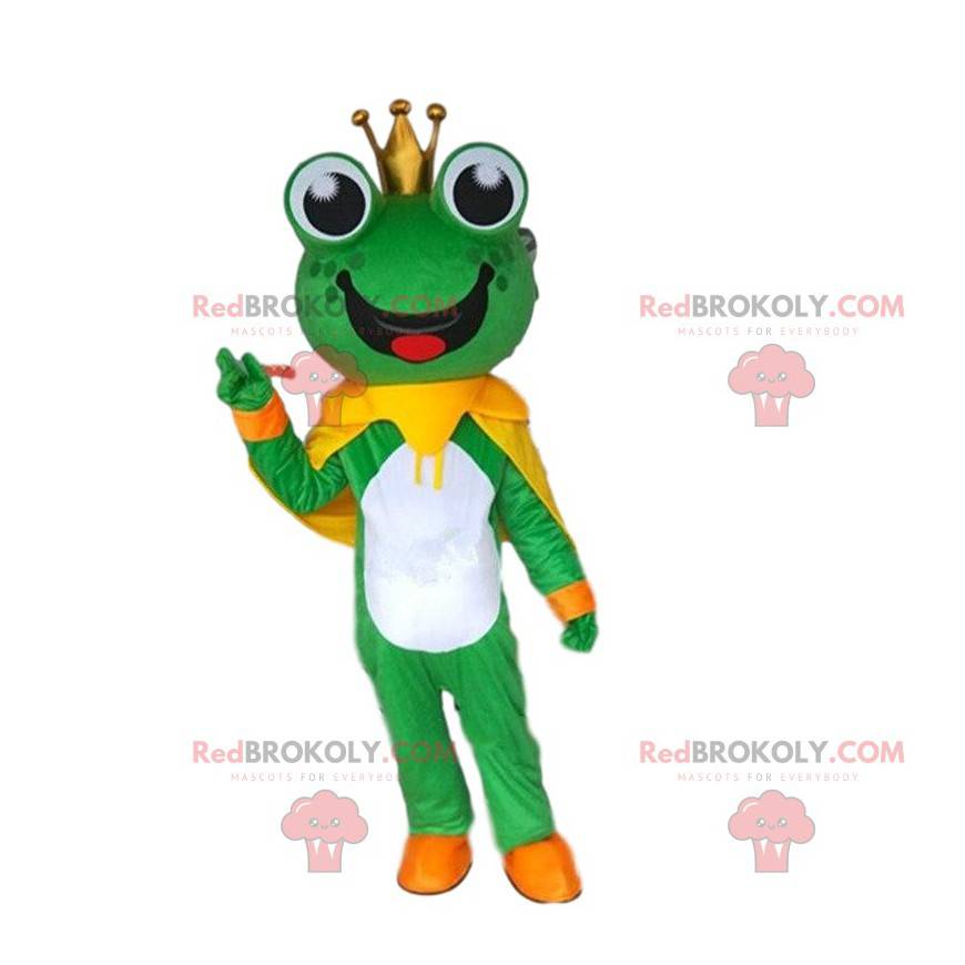 Mascote sapo com coroa e fantasia de príncipe - Redbrokoly.com