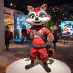 Red Raccoon mascot costume character dressed with a Leggings and Messenger bags