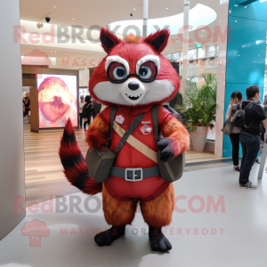 Red Raccoon mascot costume character dressed with a Leggings and Messenger bags