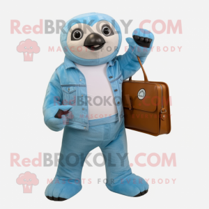 Sky Blue Sloth mascot costume character dressed with a Bootcut Jeans and Wallets