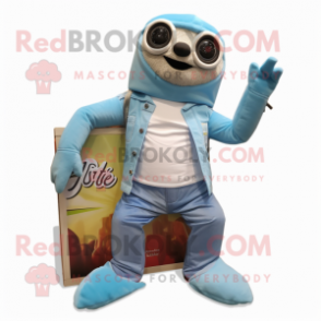 Sky Blue Sloth mascot costume character dressed with a Bootcut Jeans and Wallets