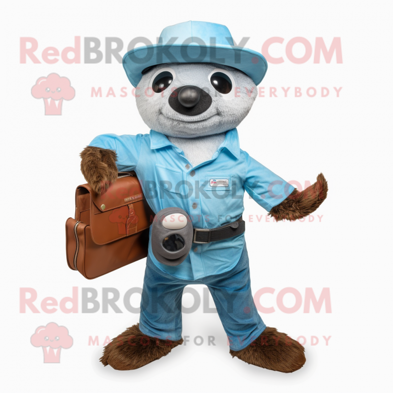 Sky Blue Sloth mascot costume character dressed with a Bootcut Jeans and Wallets Sky Blue Sloth mascot costume character dressed with a Bootcut Jeans and Wallets