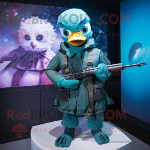 Teal Sniper mascot costume character dressed with a Mini Skirt and Scarf clips