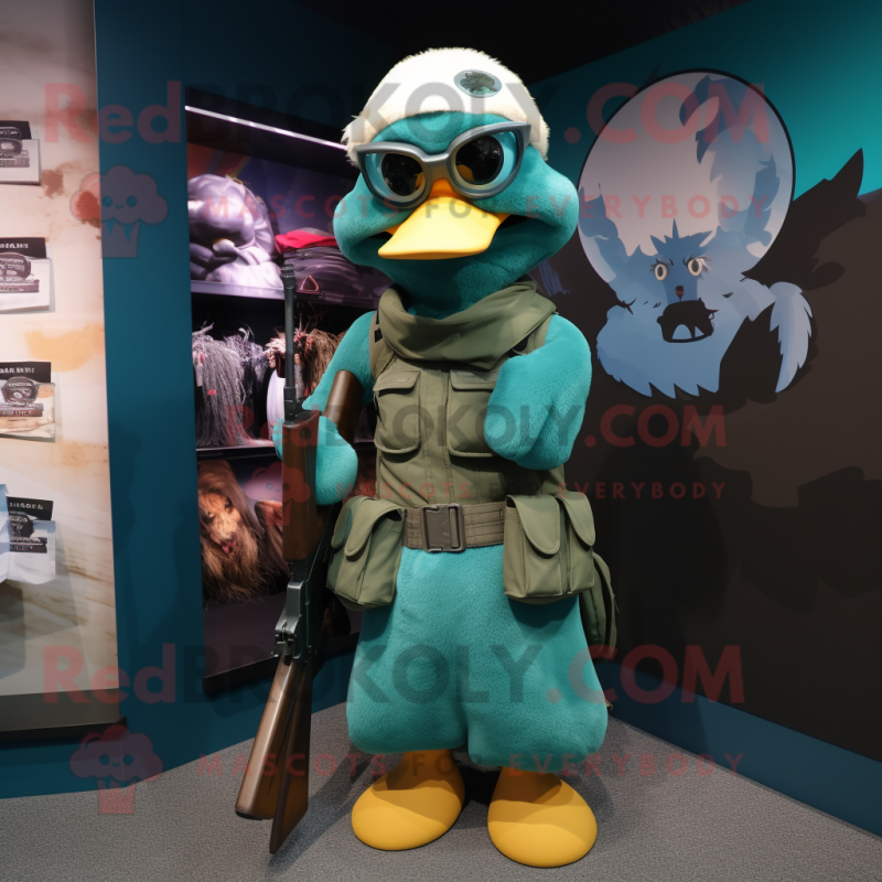 Teal Sniper mascot costume character dressed with a Mini Skirt and Scarf clips