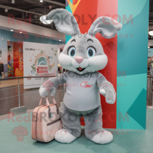 Gray Rabbit mascot costume character dressed with a Tank Top and Tote bags