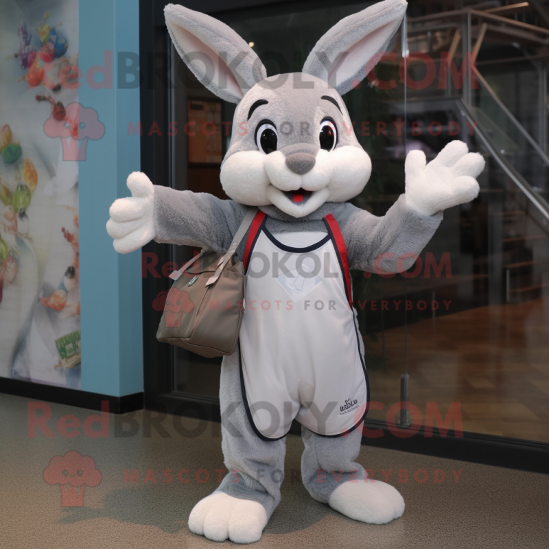 Gray Rabbit mascot costume character dressed with a Tank Top and Tote bags