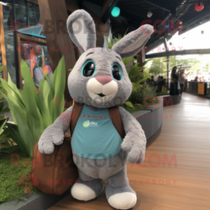 Gray Rabbit mascot costume character dressed with a Tank Top and Tote bags