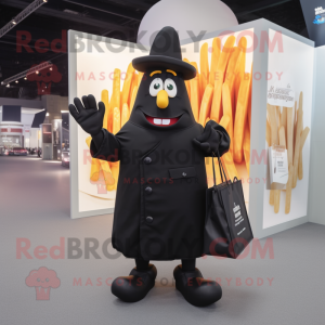 Black French Fries mascot costume character dressed with a Coat and Briefcases