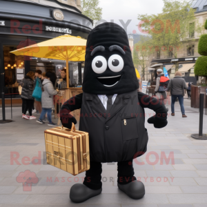 Black French Fries mascot costume character dressed with a Coat and Briefcases