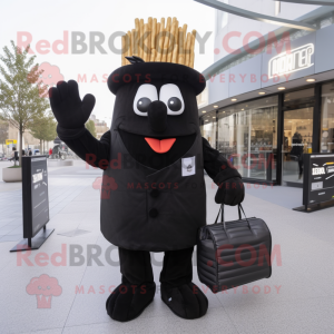 Black French Fries mascot costume character dressed with a Coat and Briefcases