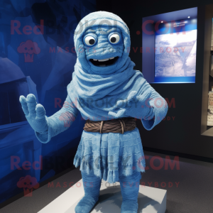 Blue Mummy mascot costume character dressed with a Cardigan and Cummerbunds