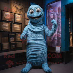 Blue Mummy mascot costume character dressed with a Cardigan and Cummerbunds