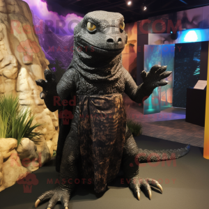 Black Komodo Dragon mascot costume character dressed with a Wrap Dress and Foot pads