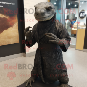 Black Komodo Dragon mascot costume character dressed with a Wrap Dress and Foot pads