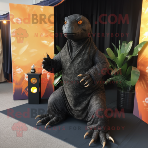 Black Komodo Dragon mascot costume character dressed with a Wrap Dress and Foot pads