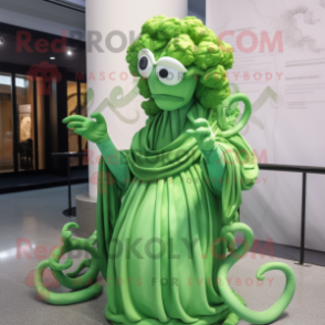 Lime Green Medusa mascot costume character dressed with a Evening Gown and Reading glasses