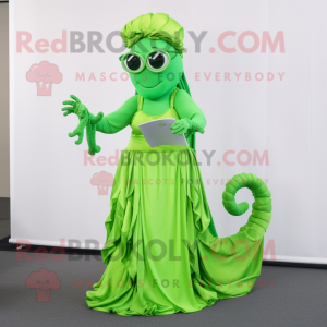 Lime Green Medusa mascot costume character dressed with a Evening Gown and Reading glasses