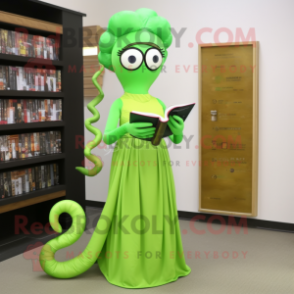 Lime Green Medusa mascot costume character dressed with a Evening Gown and Reading glasses