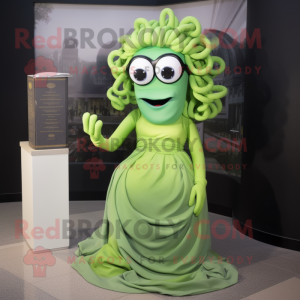 Lime Green Medusa mascot costume character dressed with a Evening Gown and Reading glasses