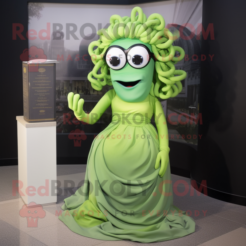 Lime Green Medusa mascot costume character dressed with a Evening Gown and Reading glasses