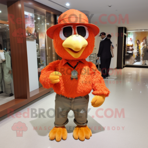 Orange Fried Chicken mascot costume character dressed with a Henley Shirt and Hats