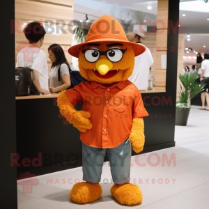 Orange Fried Chicken mascot costume character dressed with a Henley Shirt and Hats