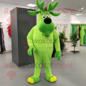 Lime Green Elk mascot costume character dressed with a Jumpsuit and Shoe clips