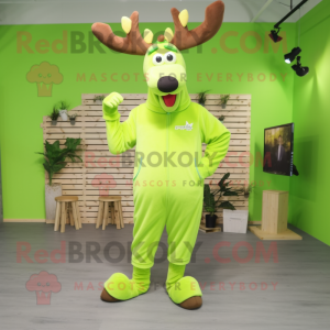 Lime Green Elk mascot costume character dressed with a Jumpsuit and Shoe clips