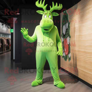 Lime Green Elk mascot costume character dressed with a Jumpsuit and Shoe clips