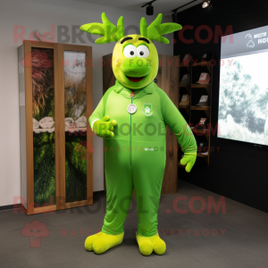 Lime Green Elk mascot costume character dressed with a Jumpsuit and Shoe clips