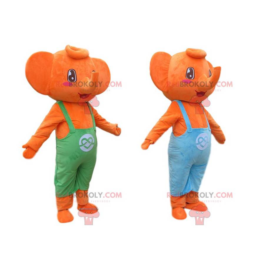 2 orange elephant mascots dressed in colorful overalls -