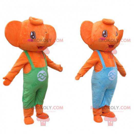 2 orange elephant mascots dressed in colorful overalls -