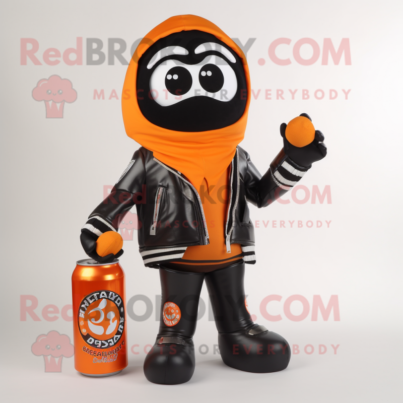 Orange Soda Can mascot costume character dressed with a Biker Jacket and Shawls Orange Soda Can mascot costume character dressed with a Biker Jacket and Shawls