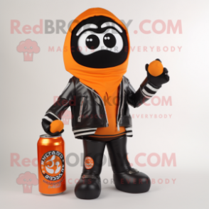 Orange Soda Can mascot costume character dressed with a Biker Jacket and Shawls